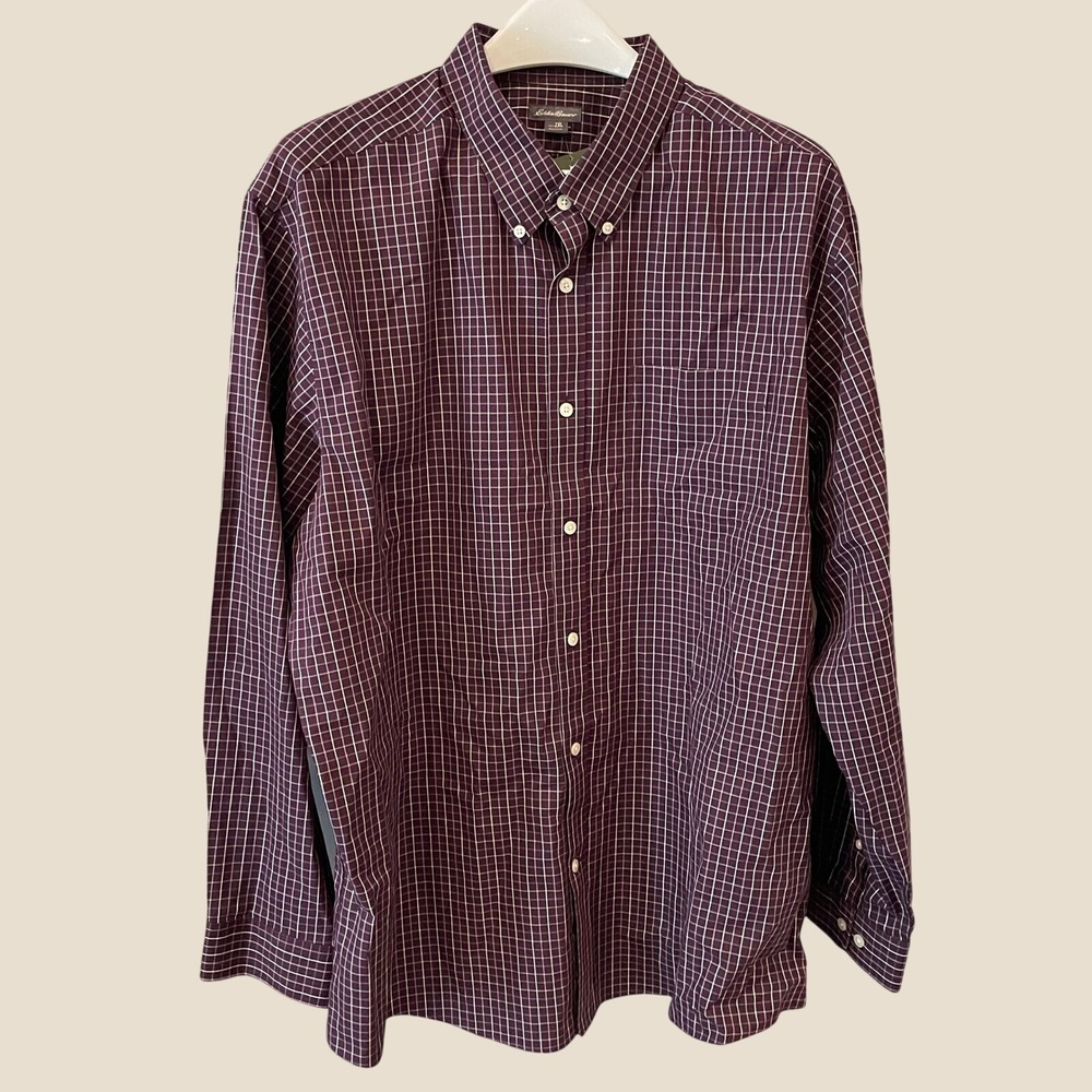 Eddie Bauer Mens 2XL Eggplant Purple Grid Wrinkle Free Relaxed Fit Shirt NWT - Picture 3 of 10